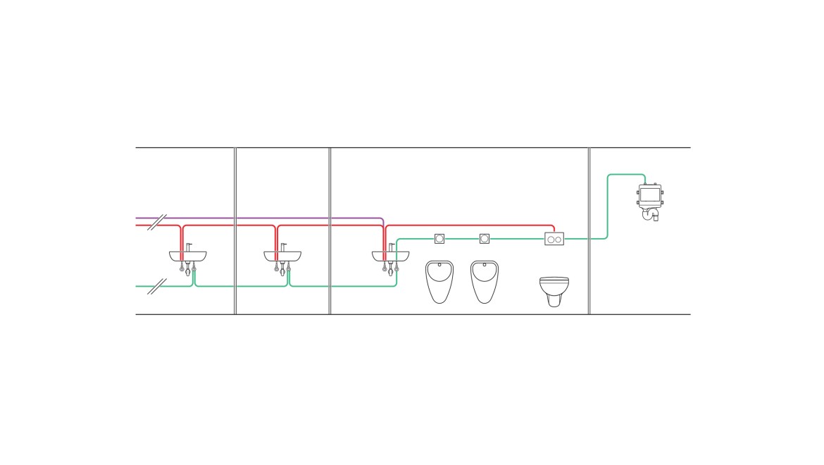 Example of piping of an interval-controlled hygiene flush unit with two classrooms, WC and technical room (© Geberit)