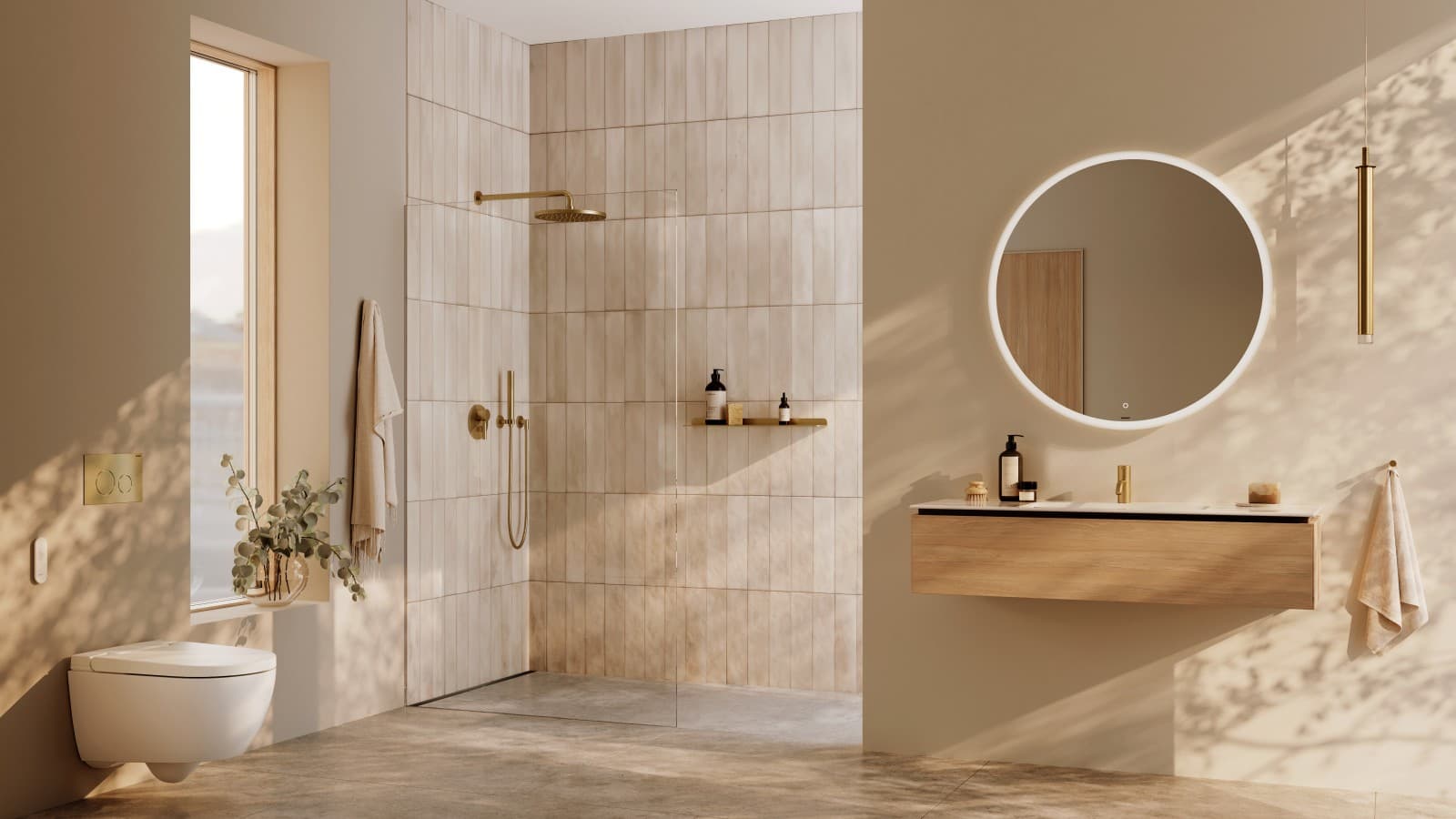 Kvivnde og barn på badeværelse med Geberit Option spejl og Geberit AquaClean Alba douchetoilet Kvivnde og barn på badeværelse med Geberit Option spejl og Geberit AquaClean Alba douchetoilet