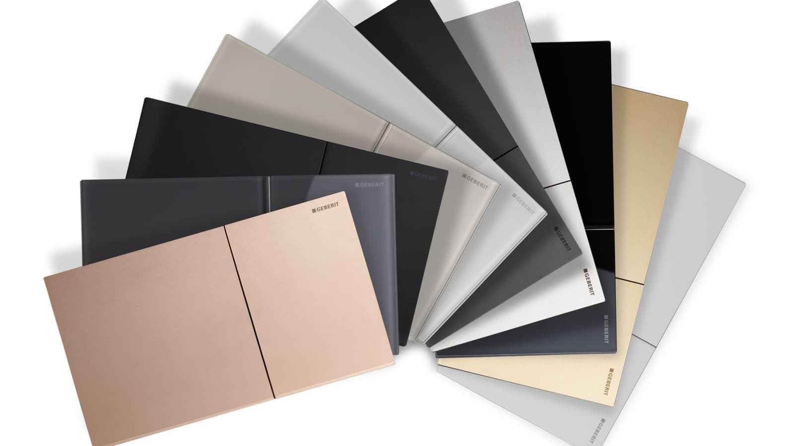 Et udvalg af overflader, der fås til Geberit Sigma70-betjeningspladen Et udvalg af overflader, der fås til Geberit Sigma70-betjeningspladen