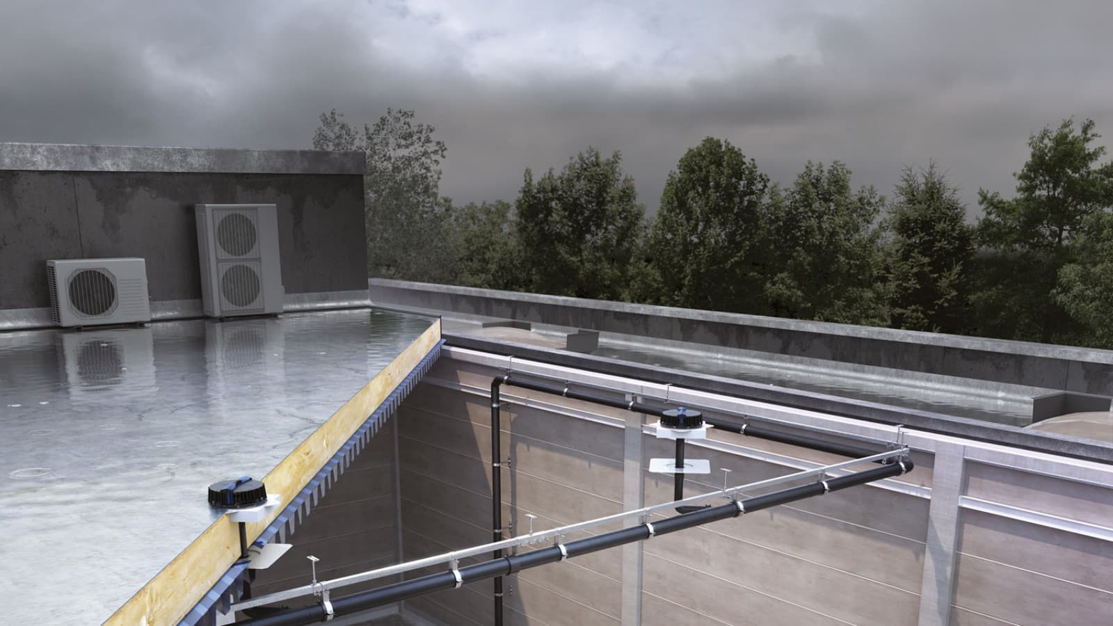 Pluvia tagafvanding kan dræne alle tre tårne med relativt få indløb (© Soravia) Pluvia tagafvanding kan dræne alle tre tårne med relativt få indløb (© Soravia)