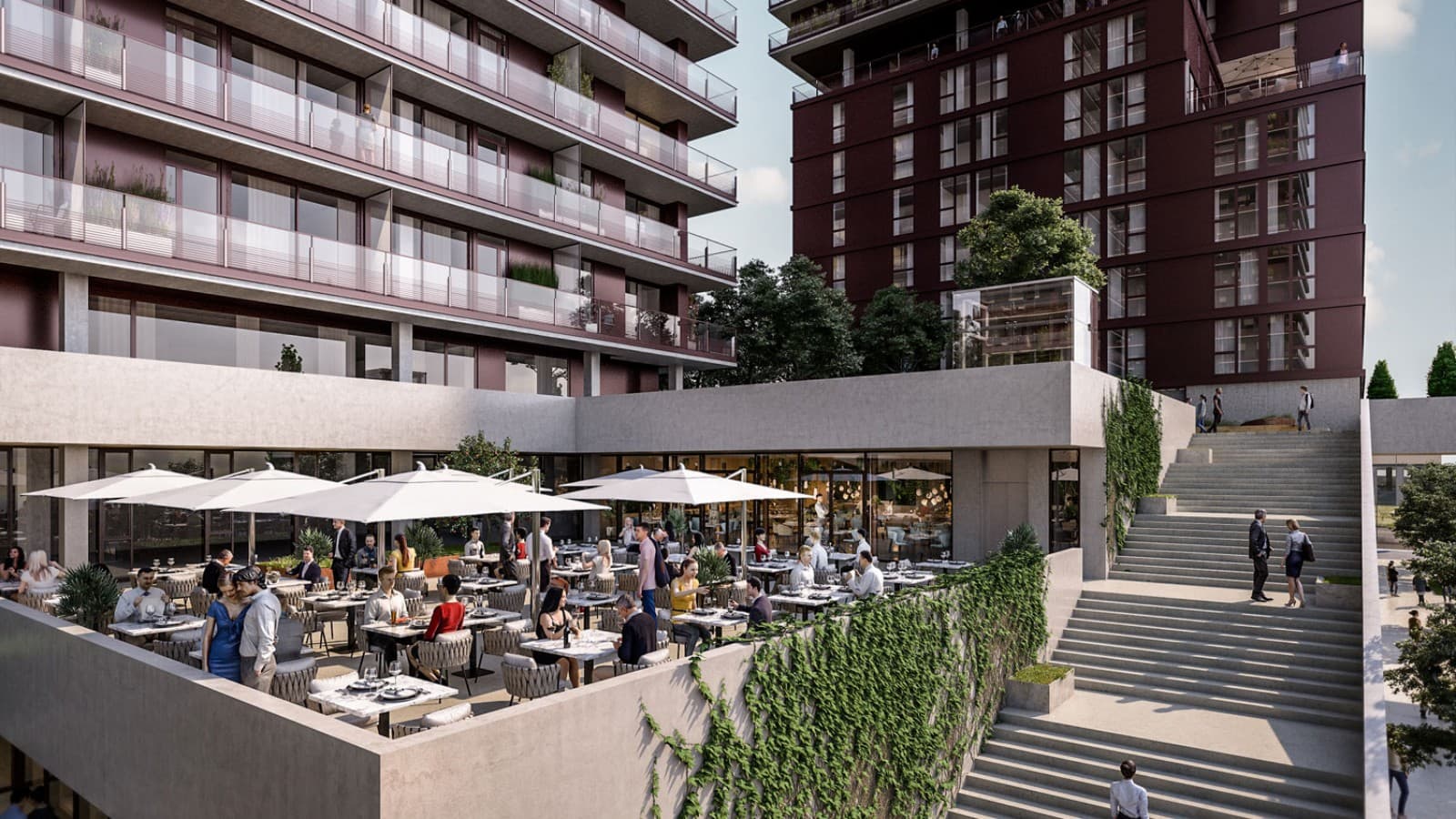 Overhængende tagterrasse og restaurant er en del af boligen (© Soravia) Overhængende tagterrasse og restaurant er en del af boligen (© Soravia)