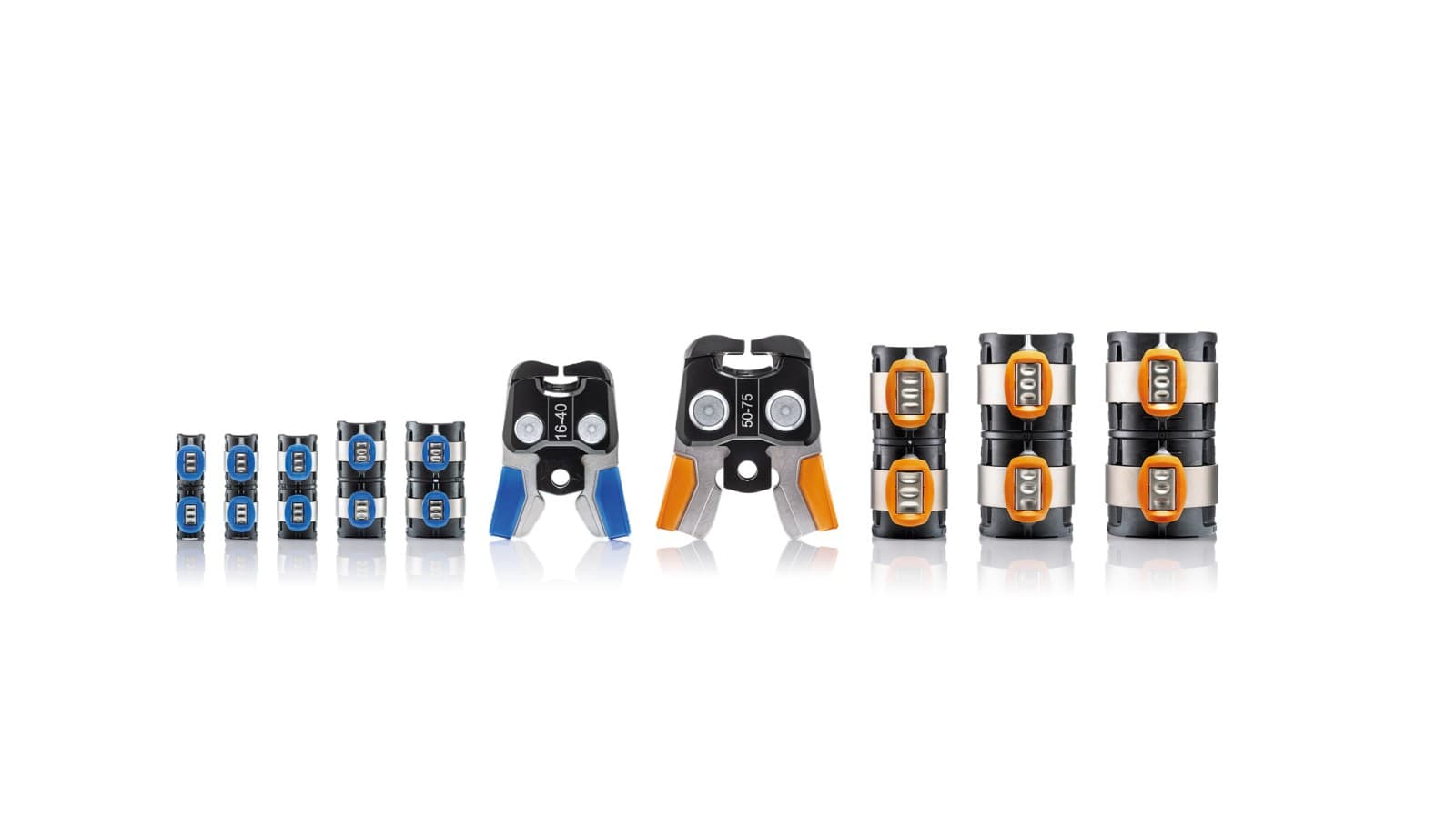 Kun to presbakker er nødvendige for at presse alle otte dimensioner af Geberit FlowFit Kun to presbakker er nødvendige for at presse alle otte dimensioner af Geberit FlowFit